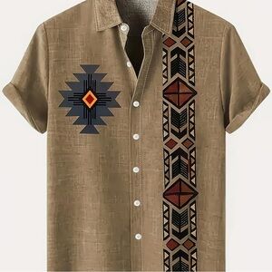 Ouku, size XL, linen blend tan Aztec themed button down shirt